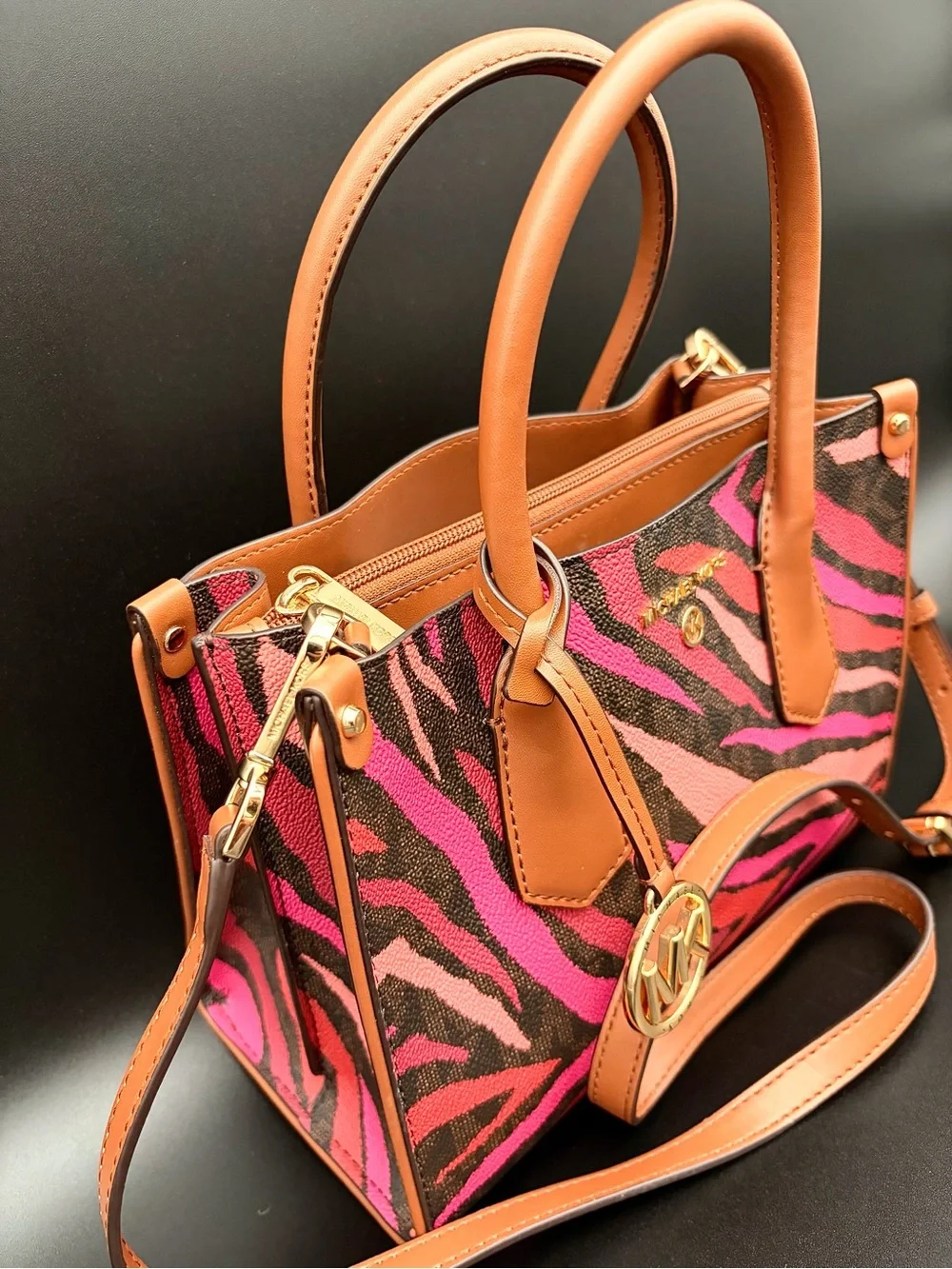 Michael Kors Maple Small Leather Satchel Handbag Purse in Pink Zebra Print